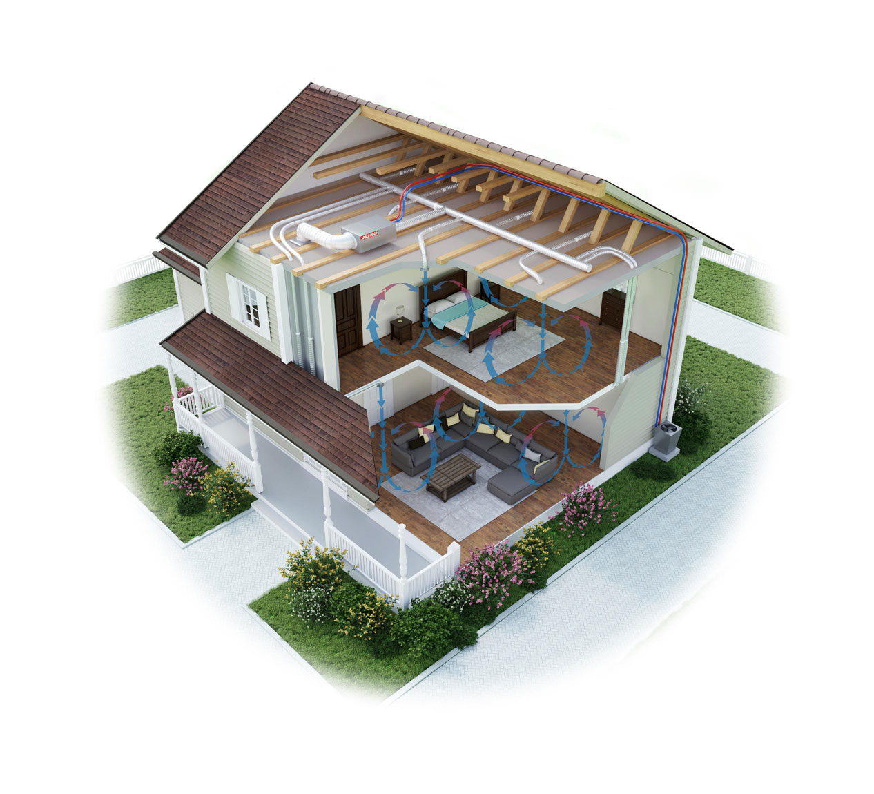 Cutaway illustration of a three story home depicting how SpacePak works