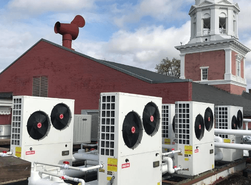 Historic Presbyterian Church with five Solstice SE air-to-water heat pumps on the roof